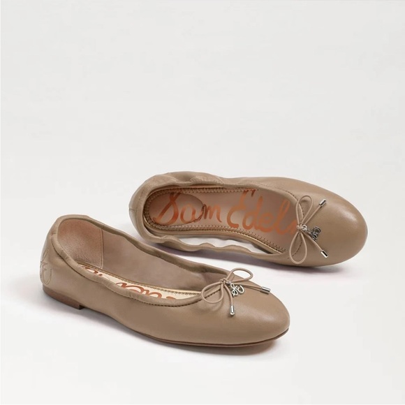 Sam Edelman Shoes - SAM EDELMAN Felicia bow logo beige tan leather flat ballerina shoes